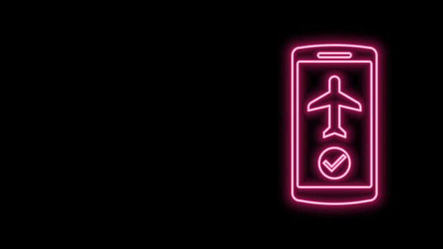 Glowing neon line Flight mode in the mobile phone icon isolated on black background. Airplane or aeroplane flight offline mode passenger regulation airline . 4K Video motion graphic animation