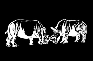 Graphical two rhinos  isolated on black, vector illustration