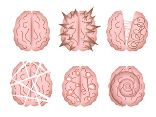 Mental disorder vector illustrations isolated. Abstract depictions of human brain altered by various mental illnesses, psychiatric disorders, neurological disorders or diseases. - obrazy, fototapety, plakaty