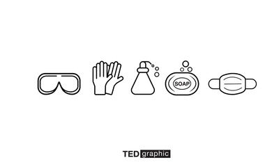 Personal protection equipment icons - protective glasses, latex gloves, dispenser soap, soap, medical mask