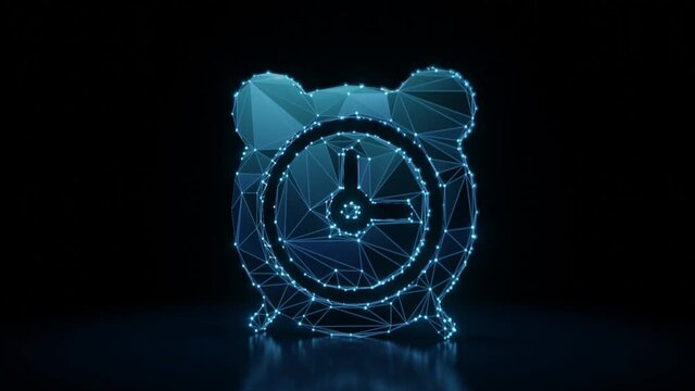 3d rendering 4k fly through wireframe neon glowing symbol of alarm clock with two bells and thick clock hands with bright dots on dark background with blured reflection on floor