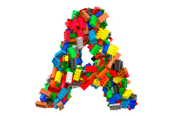 Letter A from colored plastic building blocks, 3D rendering