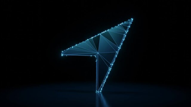 3d rendering 4k fly through wireframe neon glowing symbol of compass needle pointing to top right with bright dots on dark background with blured reflection on floor