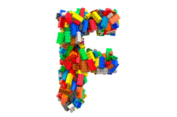 Letter F from colored plastic building blocks, 3D rendering