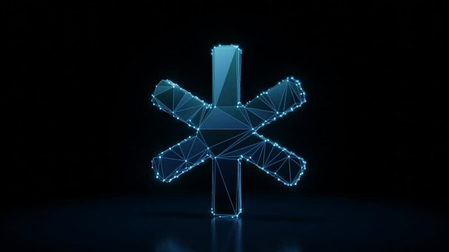 3d rendering 4k fly through wireframe neon glowing symbol of asterisk with bright dots on dark background with blured reflection on floor