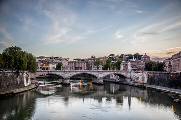 View of the Victor Emmanuel bridge and St. Peter's Cathedral in the early evening. Rome, Lazio, Italy
