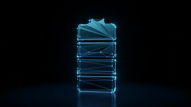 3d rendering 4k fly through wireframe neon glowing vertical symbol of full charged four pieces battery  with bright dots on dark background with blured reflection on floor
