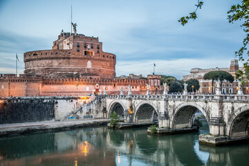 Castel Sant'angelo and the bridge of Sant'angelo across the Tiber in Rome on a may evening. Rome, Lazio, Italy