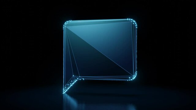 3d rendering 4k fly through wireframe neon glowing symbol of black bubble speech with sharp pointer with bright dots on dark background with blured reflection on floor