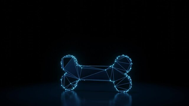 3d rendering 4k fly through wireframe neon glowing symbol of single bone with bright dots on dark background with blured reflection on floor