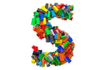 Letter S from colored plastic building blocks, 3D rendering