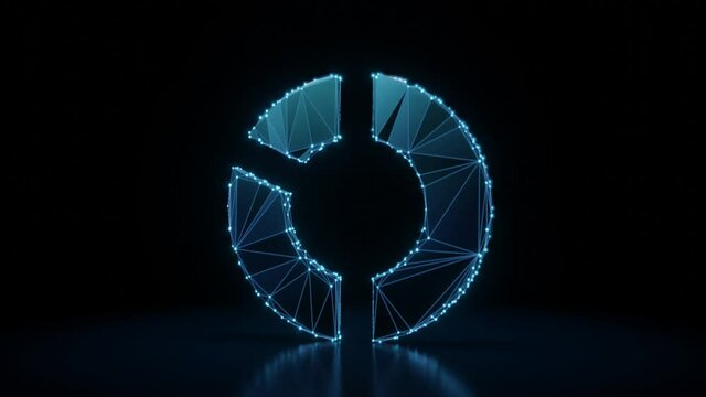 3d rendering 4k fly through wireframe neon glowing symbol of pie chart with two slices with bright dots on dark background with blured reflection on floor