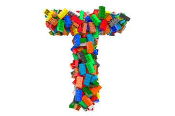 Letter T from colored plastic building blocks, 3D rendering