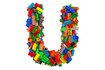 Letter U from colored plastic building blocks, 3D rendering