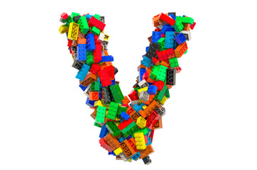 Letter V from colored plastic building blocks, 3D rendering
