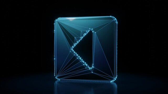 3d rendering 4k fly through wireframe neon glowing symbol of caret square left with bright dots on dark background with blured reflection on floor