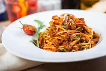 Traditional Italian pasta spaghetti with carbanara meat.