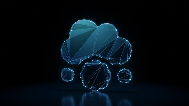3d rendering 4k fly through wireframe neon glowing symbol of cloud falling meatball with bright dots on dark background with blured reflection on floor
