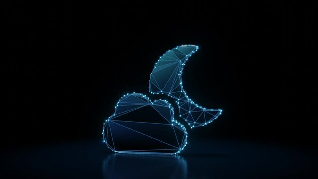 3d rendering 4k fly through wireframe neon glowing symbol of cloud partly covers moon with bright dots on dark background with blured reflection on floor