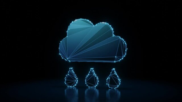 3d rendering 4k fly through wireframe neon glowing symbol of rain cloud with three drops with bright dots on dark background with blured reflection on floor