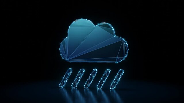 3d rendering 4k fly through wireframe neon glowing symbol of heavy rain cloud  with bright dots on dark background with blured reflection on floor