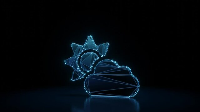 3d rendering 4k fly through wireframe neon glowing symbol of cloud partly cover sun with bright dots on dark background with blured reflection on floor