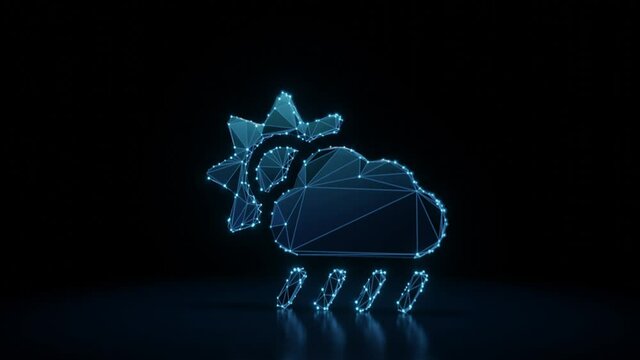 3d rendering 4k fly through wireframe neon glowing symbol of rainy cloud partly cover sun with bright dots on dark background with blured reflection on floor