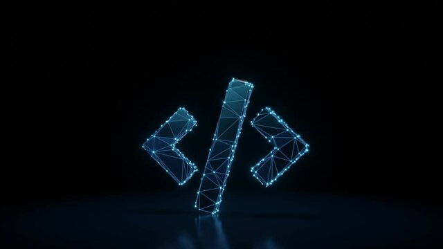 3d rendering 4k fly through wireframe neon glowing symbol of code tag with bright dots on dark background with blured reflection on floor