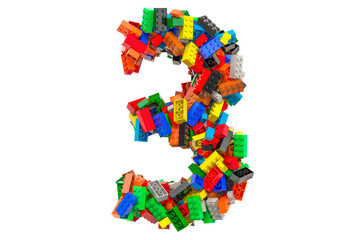 Number 3 from colored plastic building blocks, 3D rendering