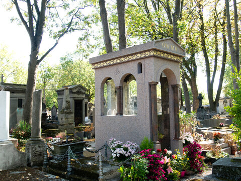 Paris, France - 2020 : Graves in the cemetery of "P&egrave;re Lachaise". Indian tomb of OM MA