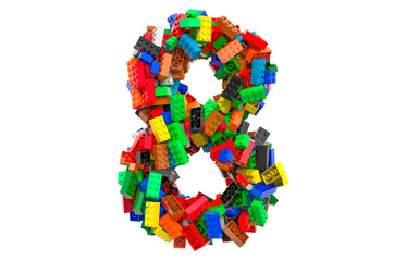 Number 8 from colored plastic building blocks, 3D rendering