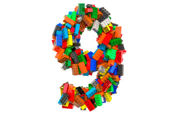 Number 9 from colored plastic building blocks, 3D rendering