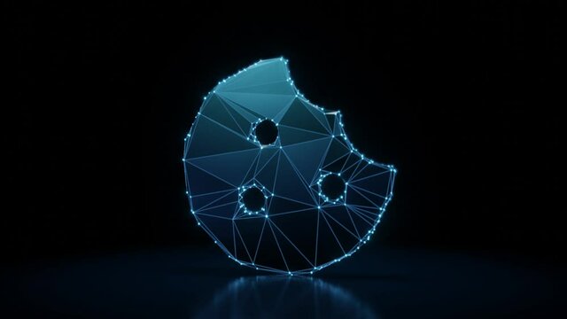 3d rendering 4k fly through wireframe neon glowing symbol of cookie with bite with bright dots on dark background with blured reflection on floor