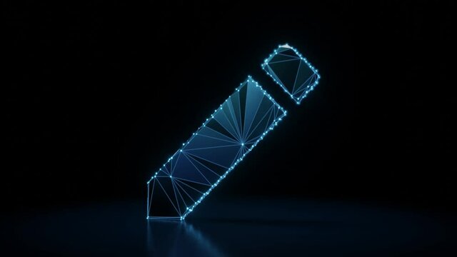 3d rendering 4k fly through wireframe neon glowing symbol of pencil with eraser on top with bright dots on dark background with blured reflection on floor