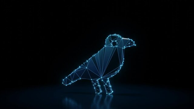 3d rendering 4k fly through wireframe neon glowing symbol of bird from profile with bright dots on dark background with blured reflection on floor