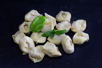 Fresh Ravioli with basil on floury dark background. Italian homemade healthy food concept.Process of making italian pesto ravioli.