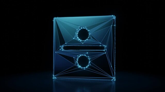 3d rendering 4k fly through wireframe neon glowing symbol of divide symbol in square with bright dots on dark background with blured reflection on floor