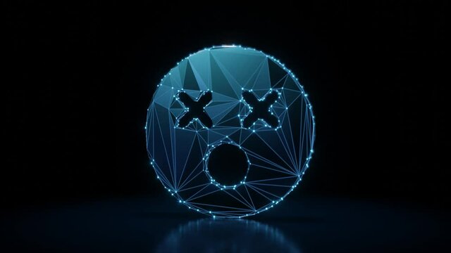3d rendering 4k fly through wireframe neon glowing symbol of dizzy emoticon with bright dots on dark background with blured reflection on floor