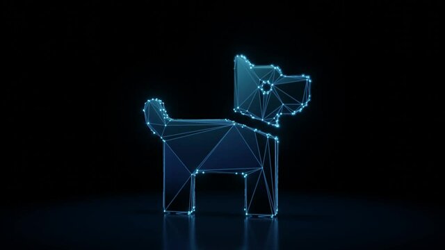 3d rendering 4k fly through wireframe neon glowing symbol of dog with collar with bright dots on dark background with blured reflection on floor