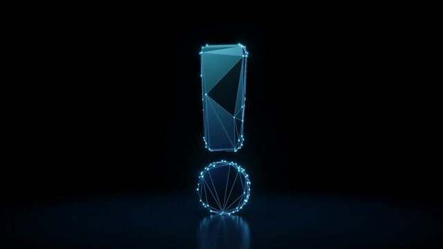 3d rendering 4k fly through wireframe neon glowing symbol of exclamation symbol with bright dots on dark background with blured reflection on floor
