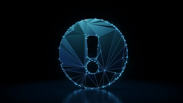 3d rendering 4k fly through wireframe neon glowing symbol of exclamation symbol in circle with bright dots on dark background with blured reflection on floor