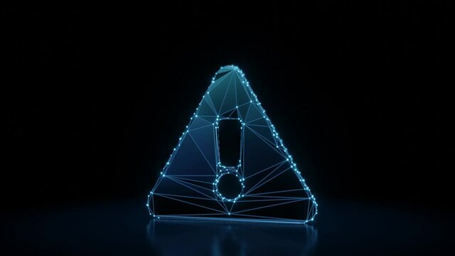 3d rendering 4k fly through wireframe neon glowing symbol of exclamation symbol in triangle with bright dots on dark background with blured reflection on floor