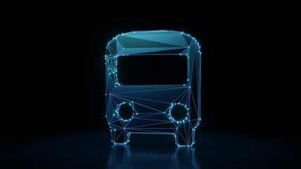 3d rendering 4k fly through wireframe neon glowing symbol of bus from front view with bright dots on dark background with blured reflection on floor - Powered by Adobe