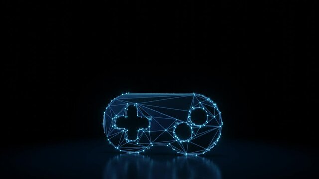 3d rendering 4k fly through wireframe neon glowing symbol of videogame controller with bright dots on dark background with blured reflection on floor