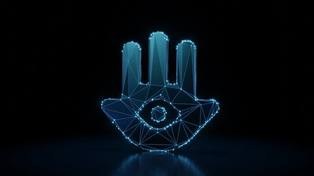 3d rendering 4k fly through wireframe neon glowing symbol of hand with eye inside with bright dots on dark background with blured reflection on floor