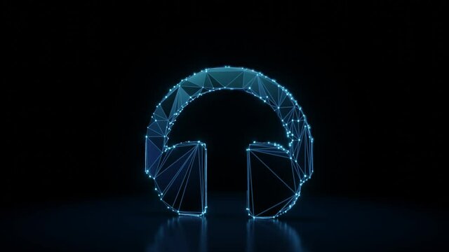 3d rendering 4k fly through wireframe neon glowing symbol of music headphones with bright dots on dark background with blured reflection on floor
