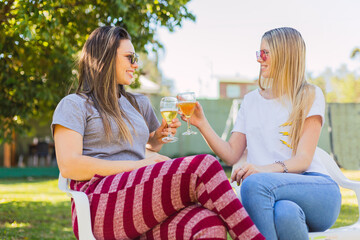 Two friends toast in the park.  Friends drink beer outdoors.  Concept of friendship and the outdoors.