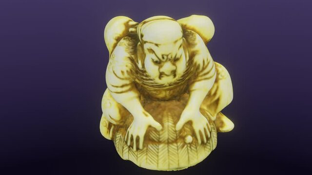 Shoki capturing an oni with a hat, netsuke, cg, camera orbits