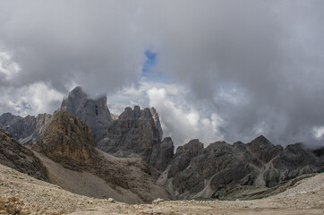 Torri del Vajolet and Catinaccio amazing peaks as seen from Antermoia pass in Catinaccio mountain massif, above Vajolet valley and Principe pass, Dolomites, South Tirol, Italy.