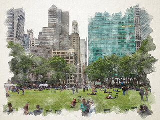 New York park in watercolor - obrazy, fototapety, plakaty